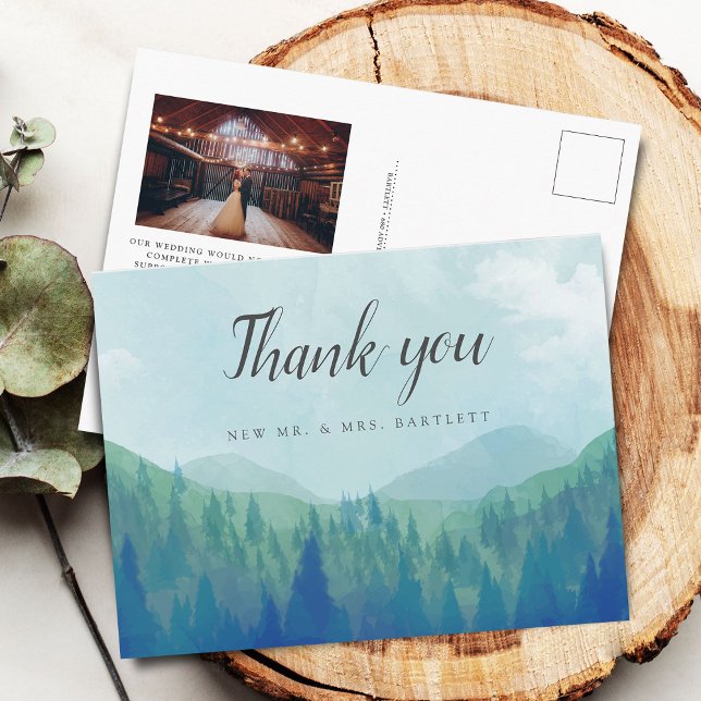 Rustic Watercolor Forest Wedding Foto Vielen Dank Postkarte (Rustic Watercolor Forest Wedding Photo Thank You Postcard)