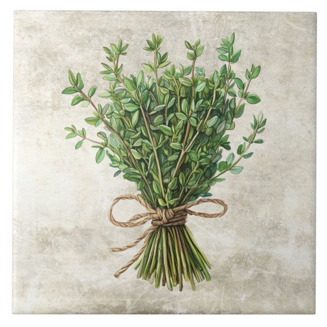 Rustic Watercolor Herbs with Twine Design Fliese (Vorderseite)