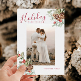 Rustic Watercolor Holiday Blessings Photo Card Feiertagskarte