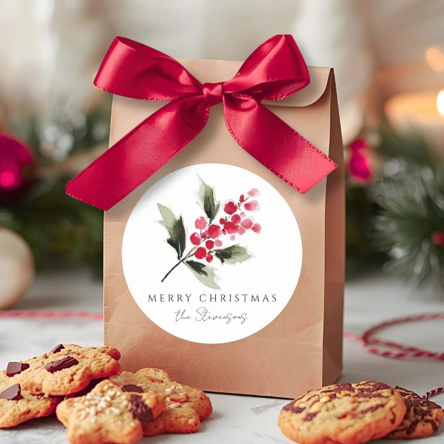 Rustic Watercolor Holly Berry Christmas Runder Aufkleber (Von Creator hochgeladen)