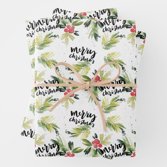 Rustic Watercolor Holly Pattern Frohe Weihnachten Geschenkpapier Set (Beispiel)