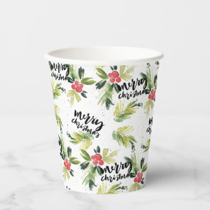 Rustic Watercolor Holly Pattern Frohe Weihnachten Pappbecher