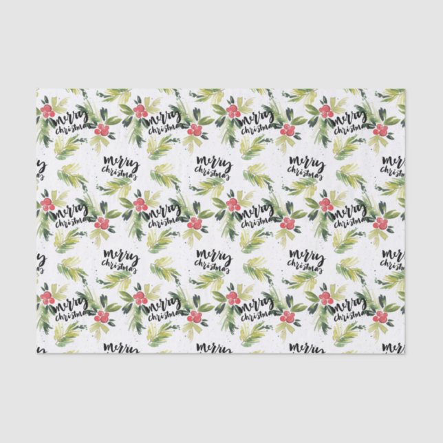 Rustic Watercolor Holly Pattern Frohe Weihnachten Seidenpapier (Vorderseite)