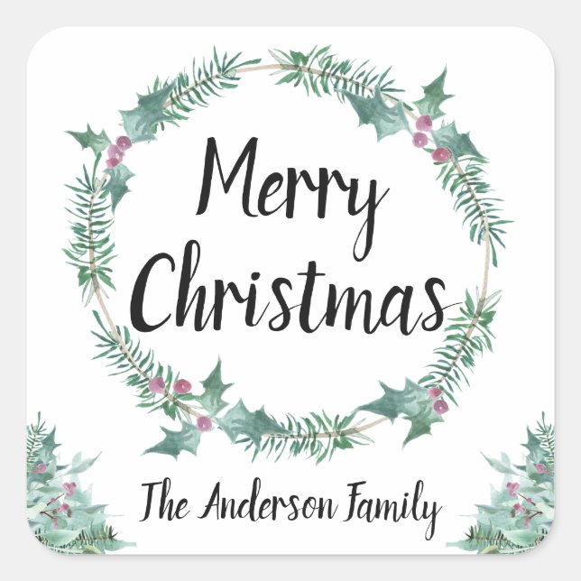 Rustic Watercolor Holly Wreath Frohe Weihnachten Quadratischer Aufkleber (Vorderseite)