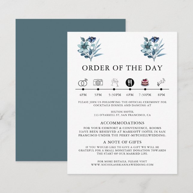 Rustic Watercolor Illustration Blue Floral Bouquet Begleitkarte (Vorne/Hinten)