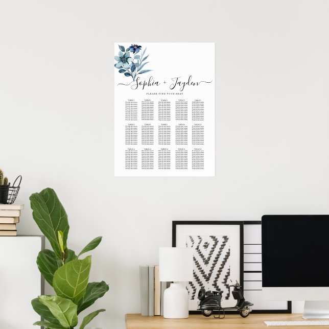 Rustic Watercolor Illustration Blue Floral Bouquet Poster (Heimbüro)
