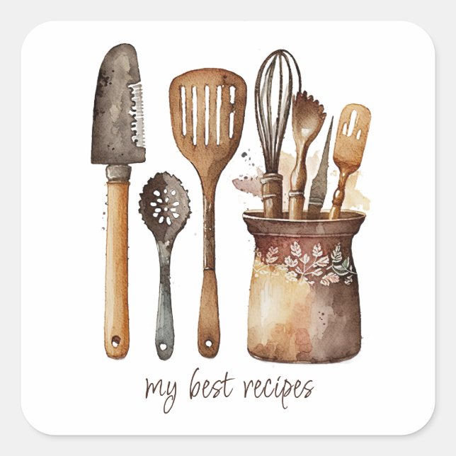 Rustic Watercolor Kitchen Utensils Food Label Quadratischer Aufkleber (Vorderseite)