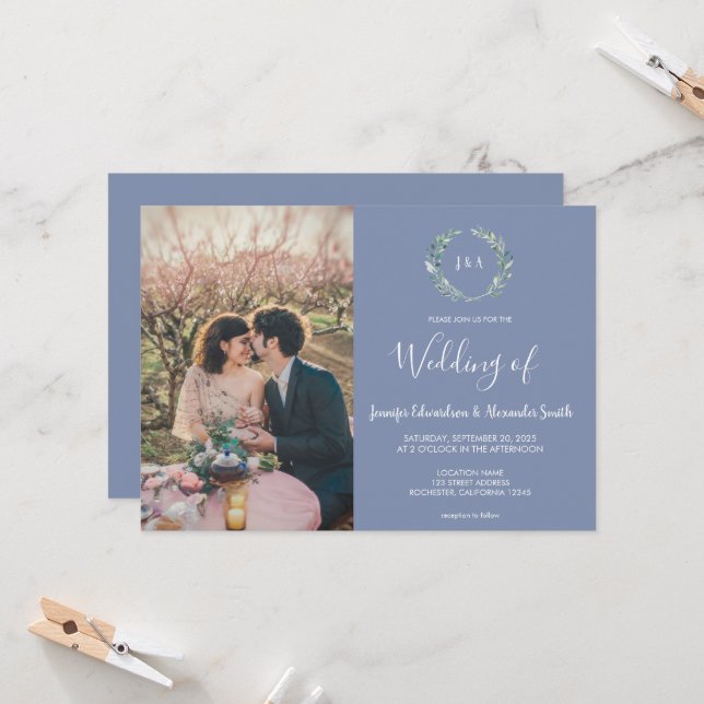 Rustic watercolor leaves monogram photo Wedding Einladung (Vorderseite/Rückseite Beispiel)