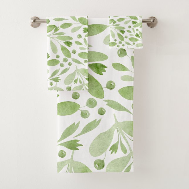  Rustic Watercolor Leaves Sage Green &White Badhandtuch Set (Insitu)