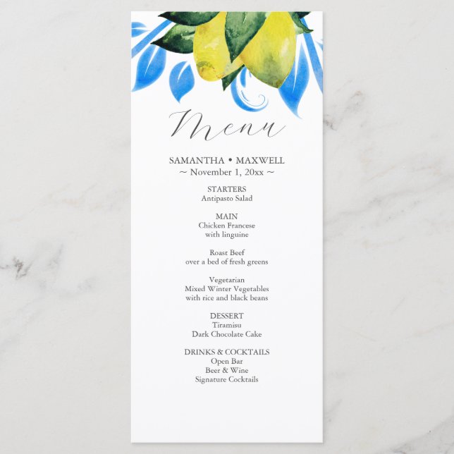 Rustic Watercolor Lemon Branch Wedding Decor Menus Menükarte (Vorderseite)