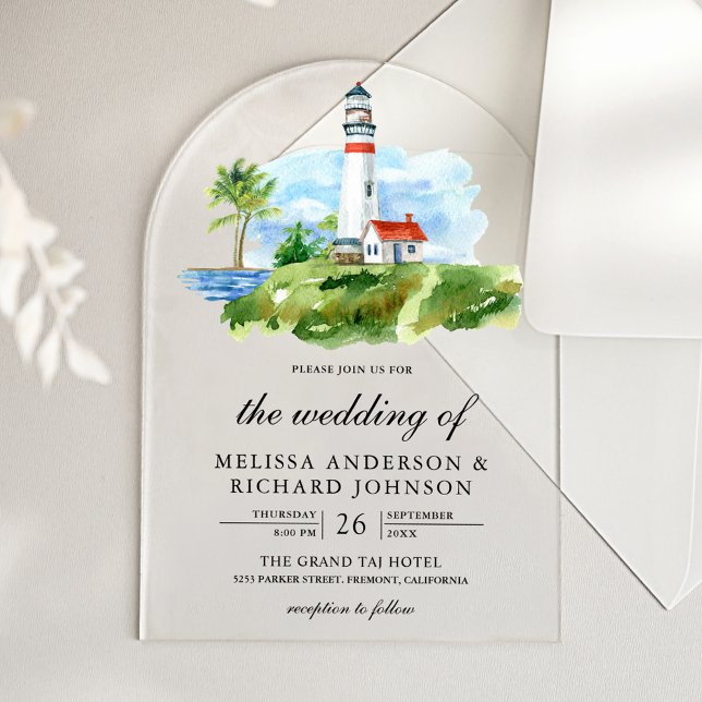 Rustic Watercolor Lighthouse Nautical Wedding Acryleinladungen (Von Creator hochgeladen)