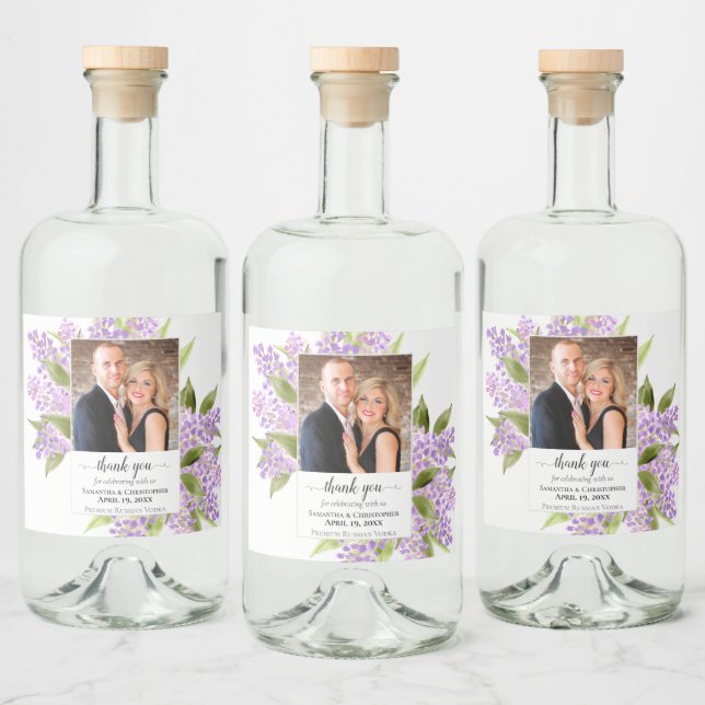 Rustic Watercolor Lilacs Foto Wedding Vielen Dank Alkoholflaschenetikett (Flaschen)