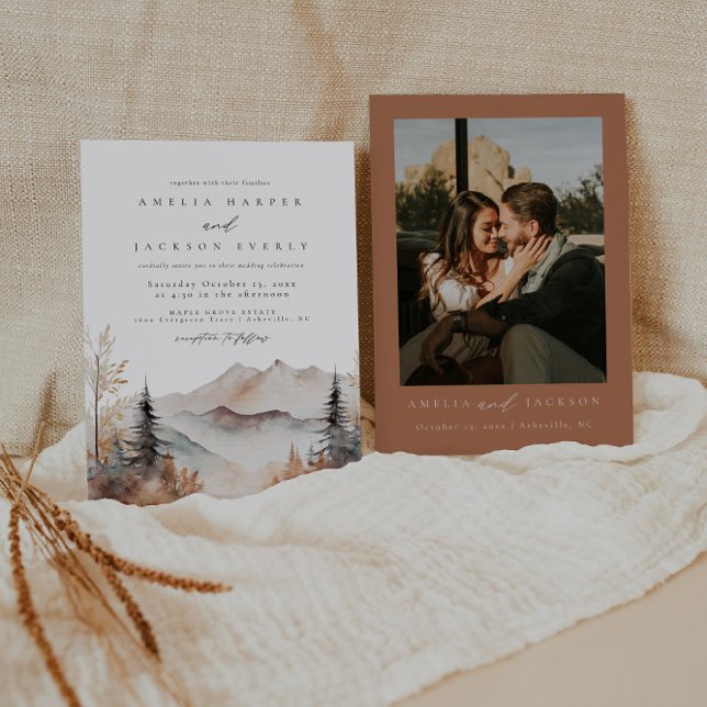Rustic Watercolor Mountain Wedding Invitation Einladung (Von Creator hochgeladen)