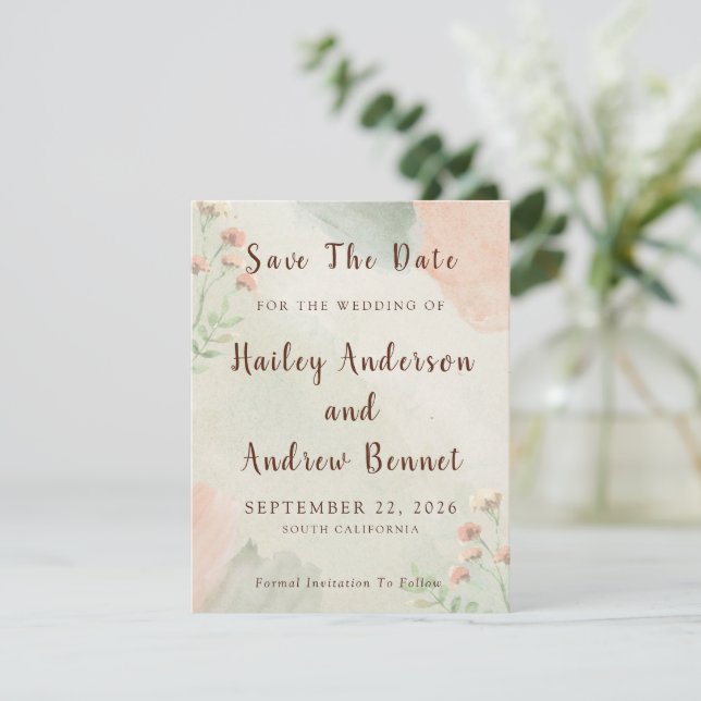 Rustic Watercolor Peach and Green Wedding Save The Date (Stehend Vorderseite)