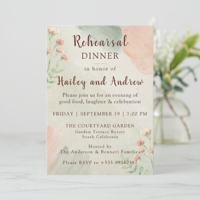 Rustic Watercolor Peach & Green Rehearsal Dinner  Einladung (Stehend Vorderseite)