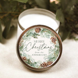 Rustic Watercolor Pine Cone Wreath Runder Aufkleber