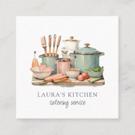 Rustic Watercolor Pots Pans Food Kitchenware Quadratische Visitenkarte