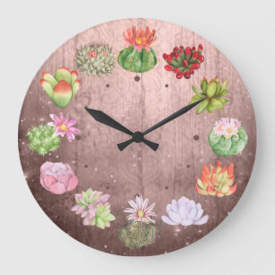 Rustic Watercolor Succulents Große Wanduhr