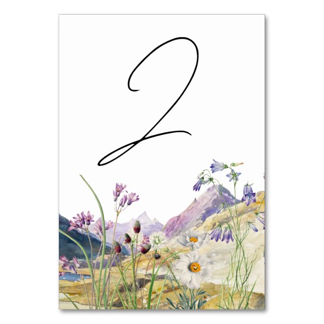 Rustic Watercolor Wildflower Mountain Wedding Tischnummer (Vorderseite)