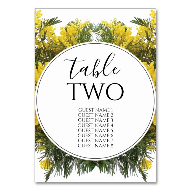 Rustic Wattle Acacia Wedding Guest Names Tischnummer (Vorderseite)
