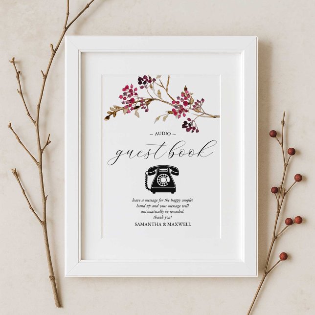 Rustic Wedding Audio Guest Book Sign Poster (fall bridal shower theme audio guestbook burgundy red and brown botanicals 
)