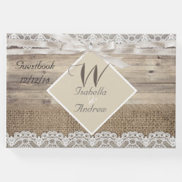 Rustic Wedding Beige Lace Wood Burlap Gästebuch
