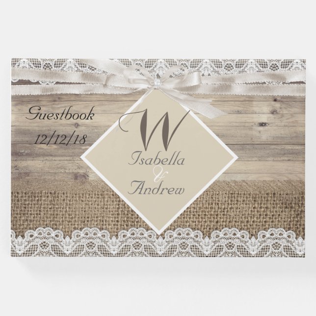 Rustic Wedding Beige Lace Wood Burlap Gästebuch (Vorderseite)