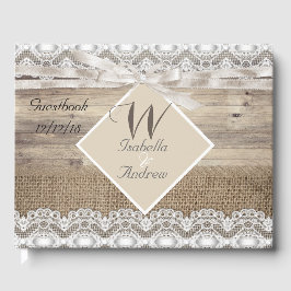 Rustic Wedding Beige Lace Wood Burlap Gästebuch