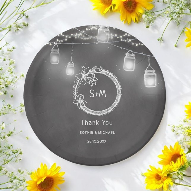 Rustic Wedding Black Chalkboard Mason Jar Pappteller (Von Creator hochgeladen)