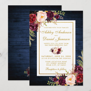 Rustic Wedding Blue Wood Burgundy Floral Wedding Einladung