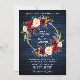 Rustic Wedding Blue Wood Burgundy Wreath Einladung