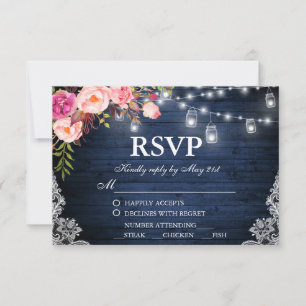 Rustic Wedding Blue Wood Floral Lights Jars UAWG M RSVP Karte