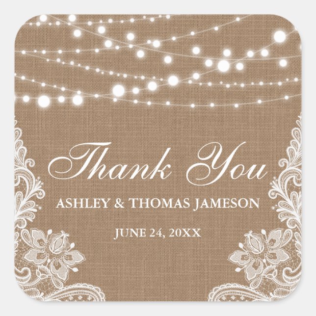 Rustic Wedding Burlap String Lights Lace Vielen Da Quadratischer Aufkleber (Vorderseite)