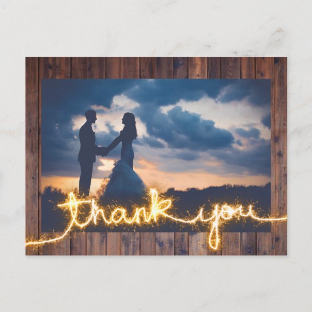 Rustic Wedding Foto Moderne Sparkler Vielen Dank Postkarte (Vorderseite)