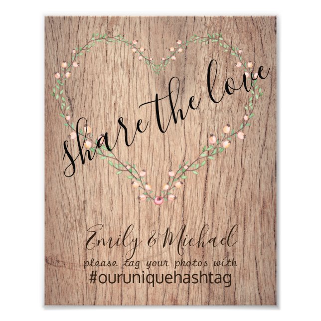 Rustic Wedding Hashtag Sign - Holzherz Bloral Fotodruck (Vorne)