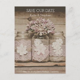 Rustic Wedding Lace Jars SAVE THE DATE Postcard Ankündigungspostkarte