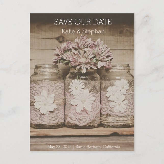 Rustic Wedding Lace Jars SAVE THE DATE Postcard Ankündigungspostkarte (Vorderseite)