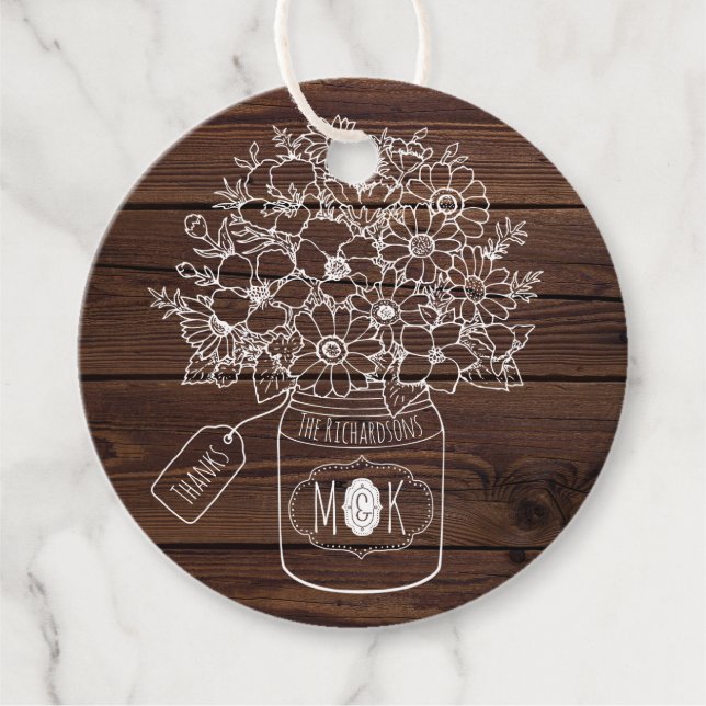 Rustic Wedding Mason Jar Wildblumen Bouquet Wood Geschenkanhänger (Vorderseite)