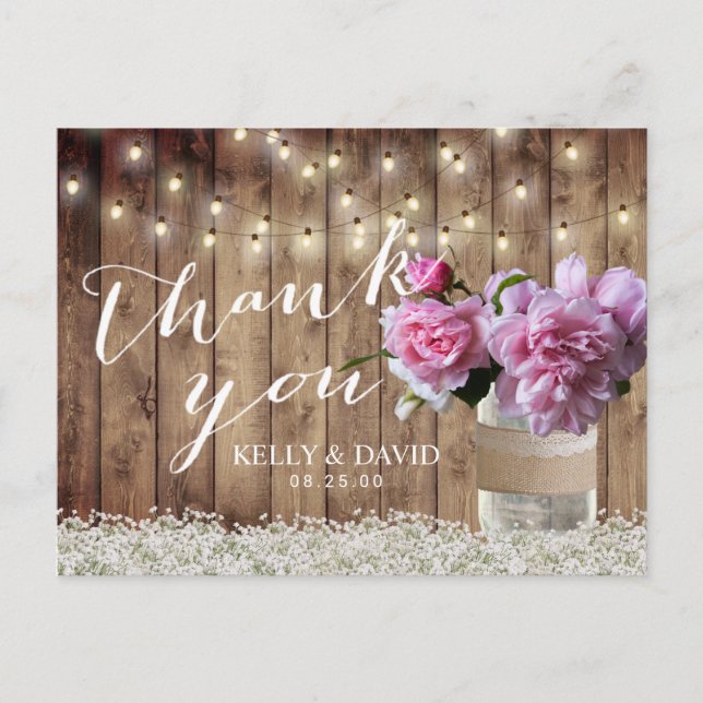 Rustic Wedding Pink Floral Mason Jar Vielen Dank Postkarte (Vorderseite)