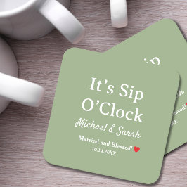 Rustic Wedding Sage Green It’s Sip O’Clock Custom Rechteckiger Pappuntersetzer