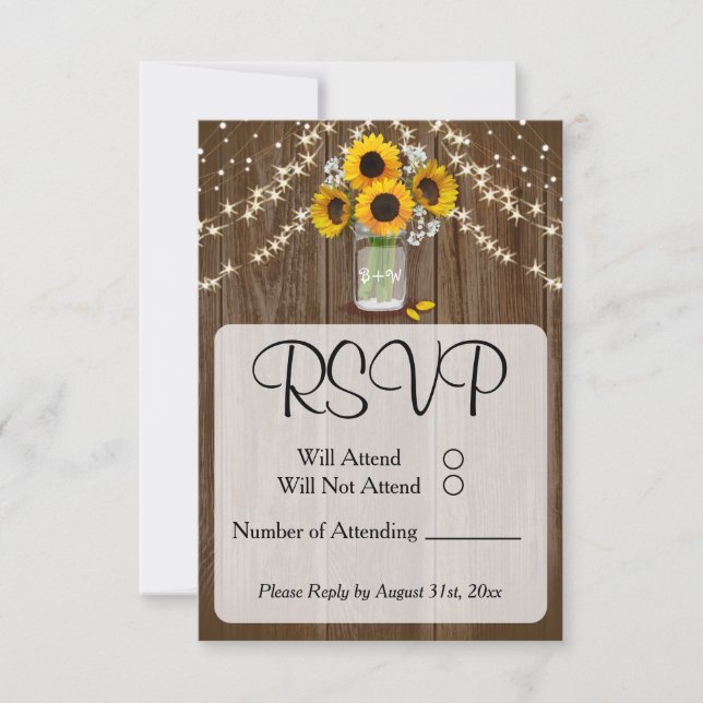 Rustic Wedding Sunflower Mason Jar RSVP Karte (Vorderseite)