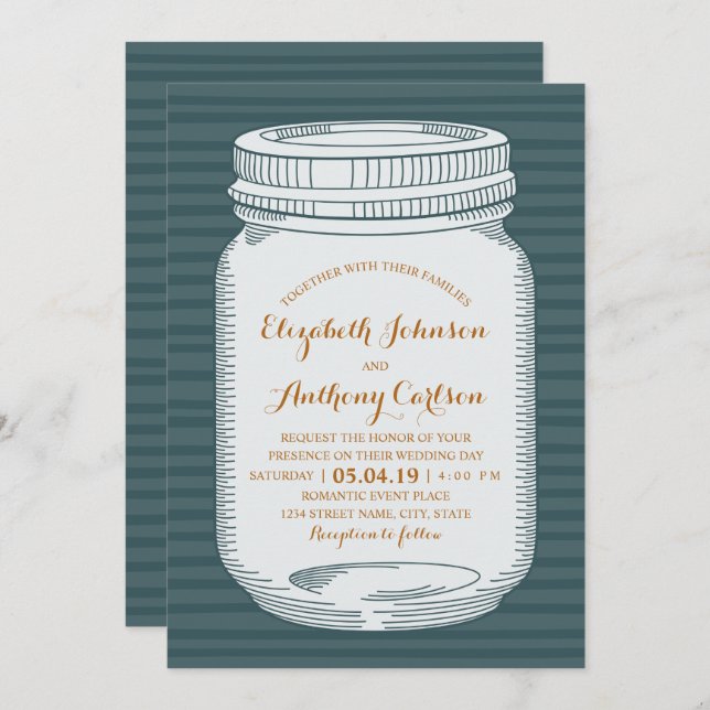 Rustic Wedding Vintag Blue Country Mason Jar Einladung (Vorne/Hinten)