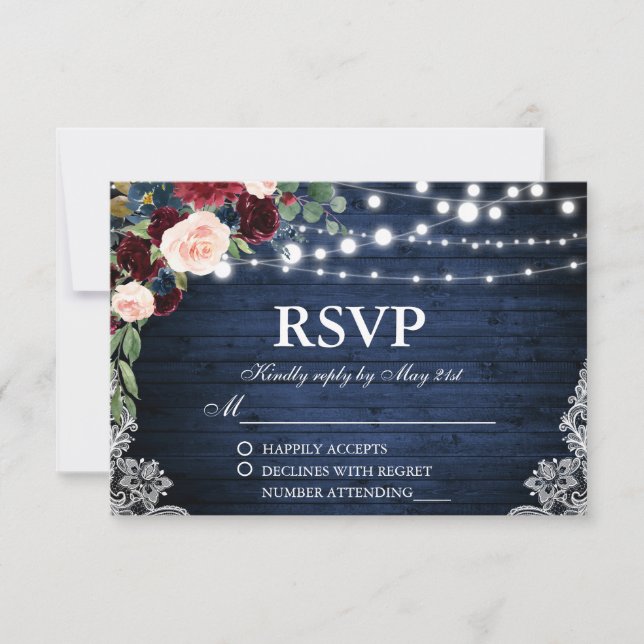 Rustic Wedding Wood Blue Burgundy Floral UAWG RSVP Karte (Vorderseite)