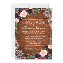 Rustic Wedding Wood Burgundy Blue Floral Einladung