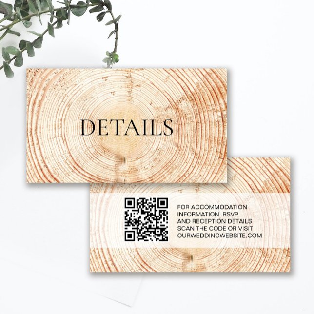 Rustic Wedding Wood Grain Details QR Vorlage (Details enclosure card, rustic wood cut slice design with QR code wedding website.)