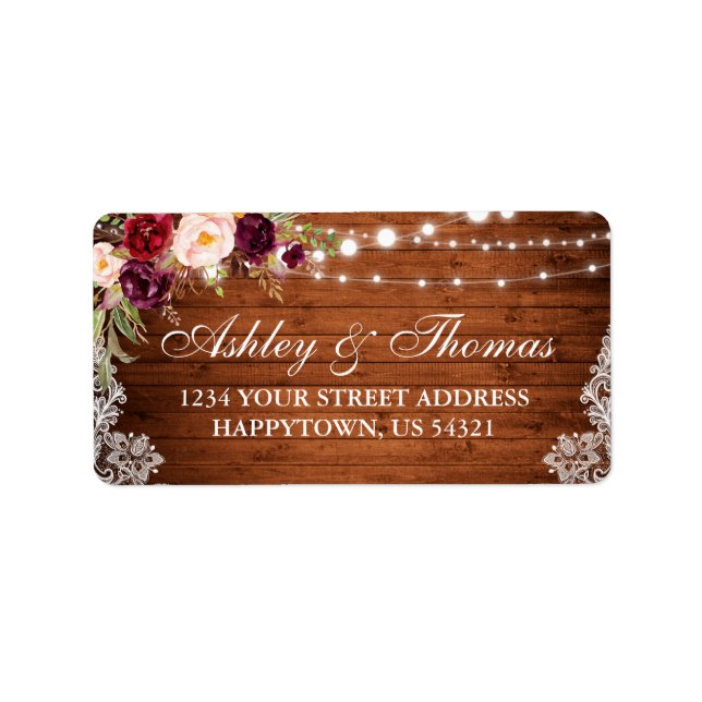 Rustic Wedding Wood Lights Lace Floral Address Adressaufkleber (Vorne)