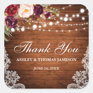 Rustic Wedding Wood Lights Lace Floral Danke B Quadratischer Aufkleber