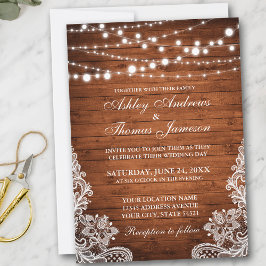Rustic Wedding Wood String Lights Lace Invite Einladung