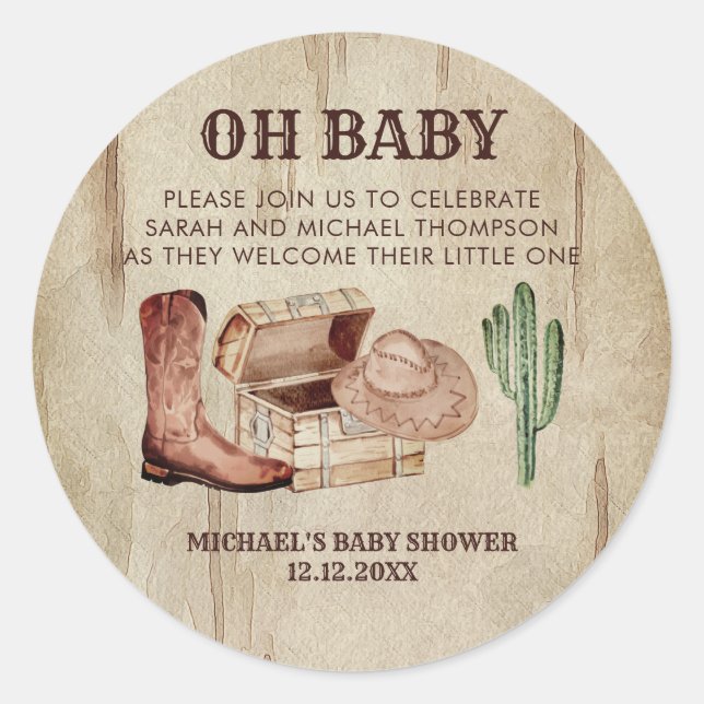 Rustic Western Baby Shower Cowboy Theme Runder Aufkleber (Vorderseite)
