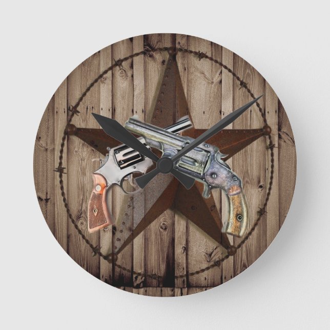 Rustic Western Country Texas Star Cowboy Pistolen Runde Wanduhr (Vorderseite)